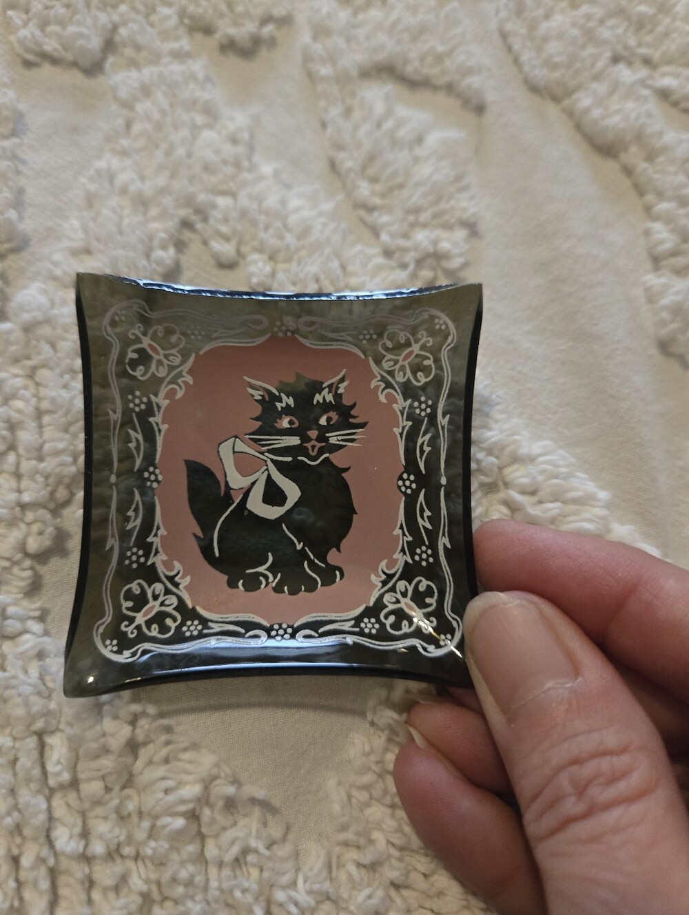 Vintage Houze Art MCM Atomic Black Cat Trinket Dish Set Of 4 Pink & Black Accent